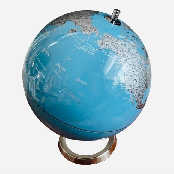Modern World Globe Chrome Base Blue Silver Black Enamel 15.5” Home Office Decor - Picture 6 of 7